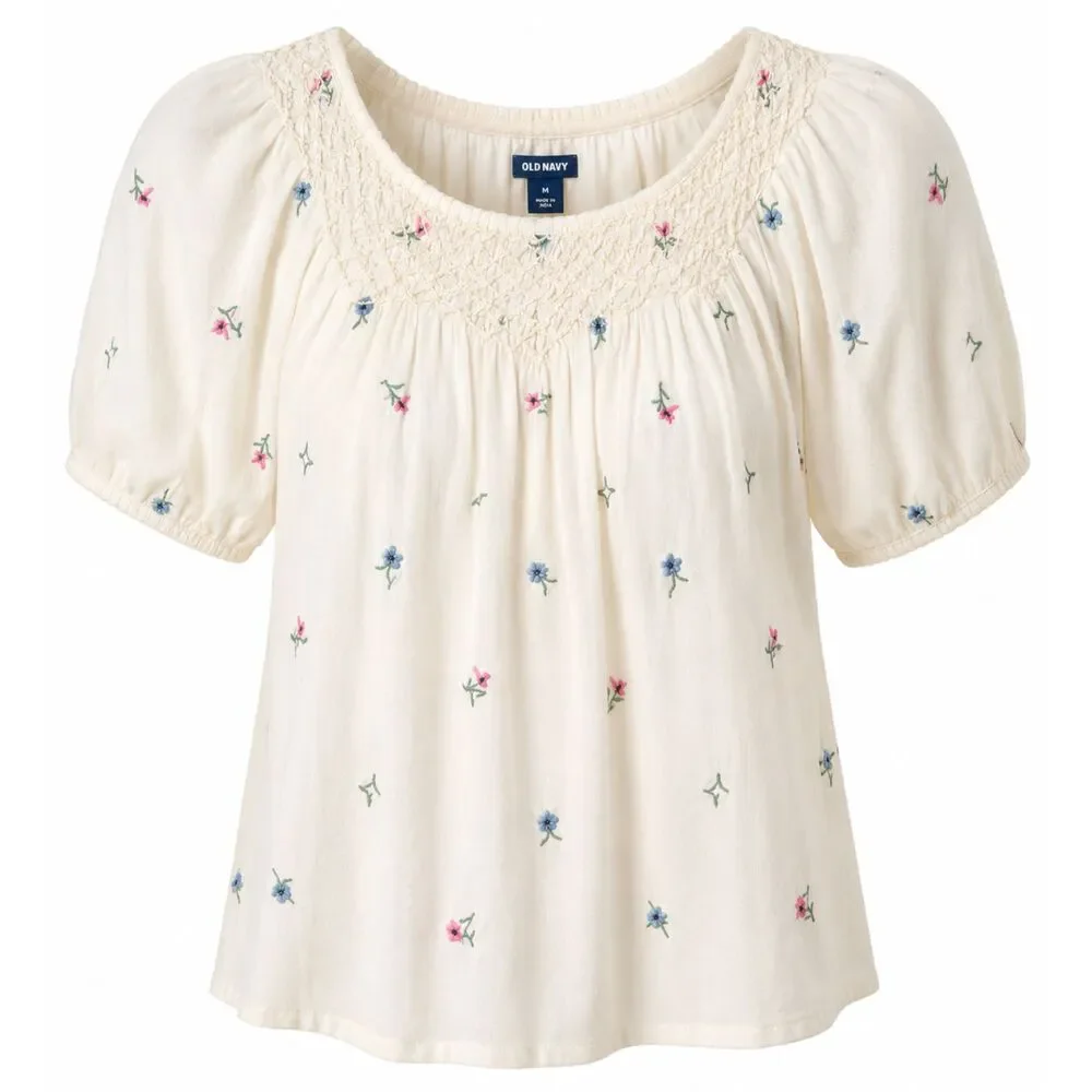 Old Navy Floral Embroidered Peasant Top Cream Short Sleeve Medium